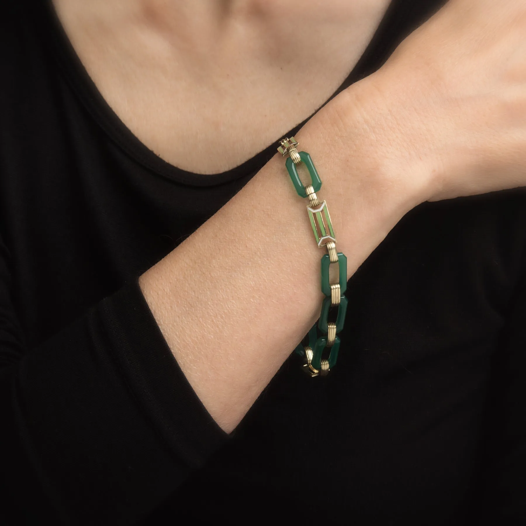 Vintage Art Deco Enamel Bracelet Chrysoprase 14k Gold Green Square Links Jewelry