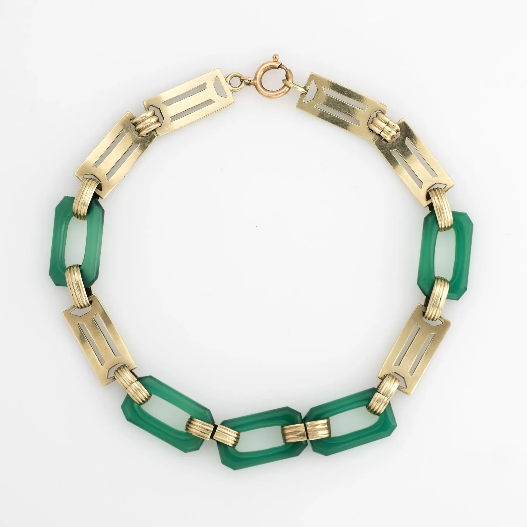 Vintage Art Deco Enamel Bracelet Chrysoprase 14k Gold Green Square Links Jewelry