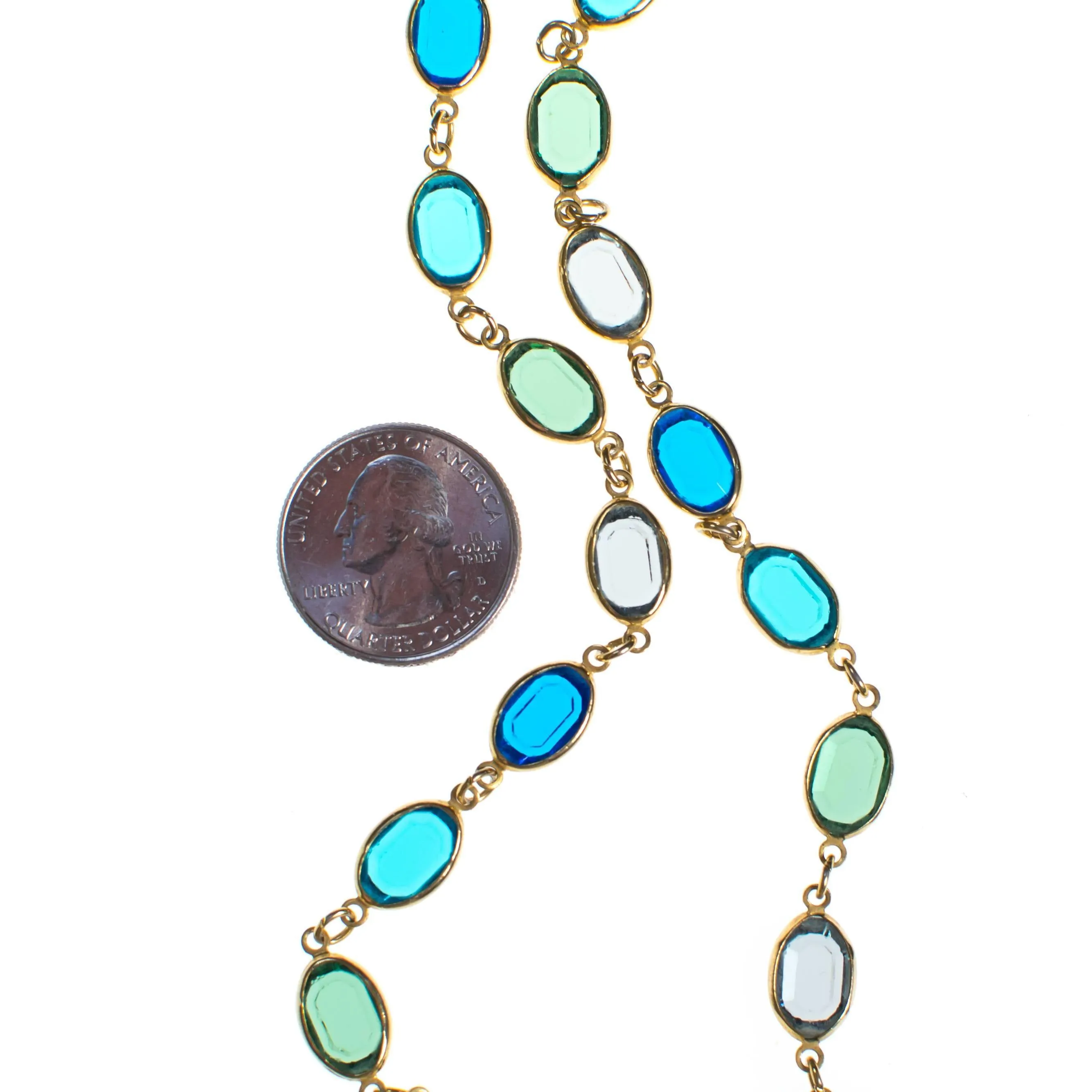 Vintage Bezel Set Blue and Green Crystal Necklace