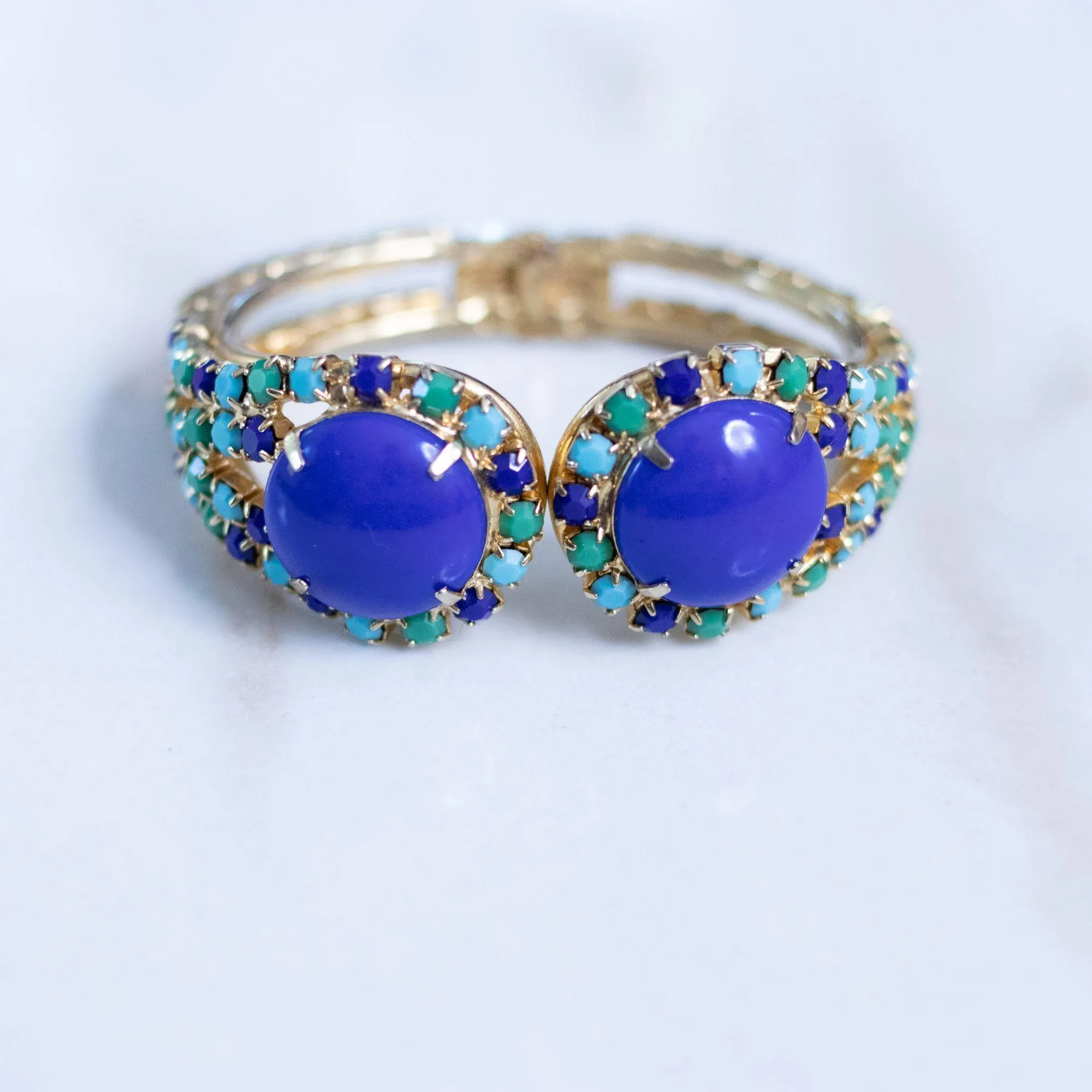 Vintage Blue , Green, Turquoise Rhinestone Clamper Bracelet