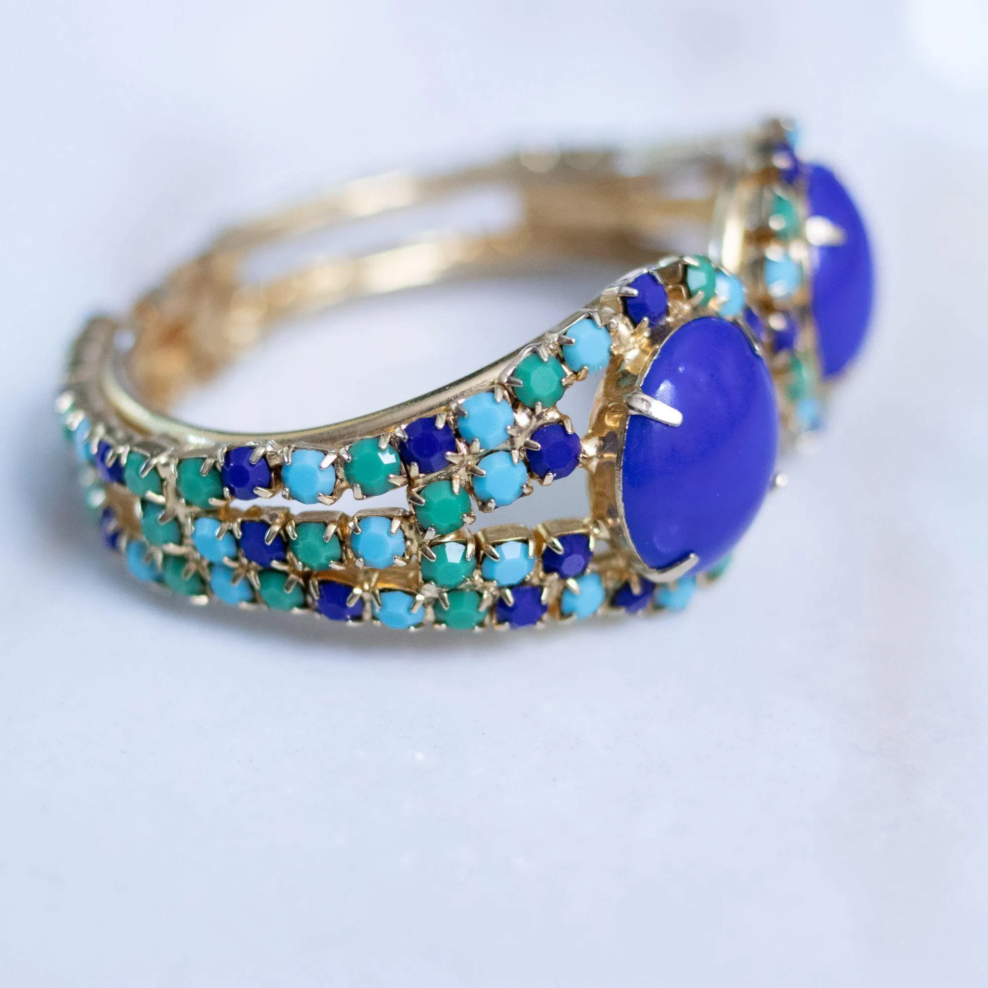 Vintage Blue , Green, Turquoise Rhinestone Clamper Bracelet