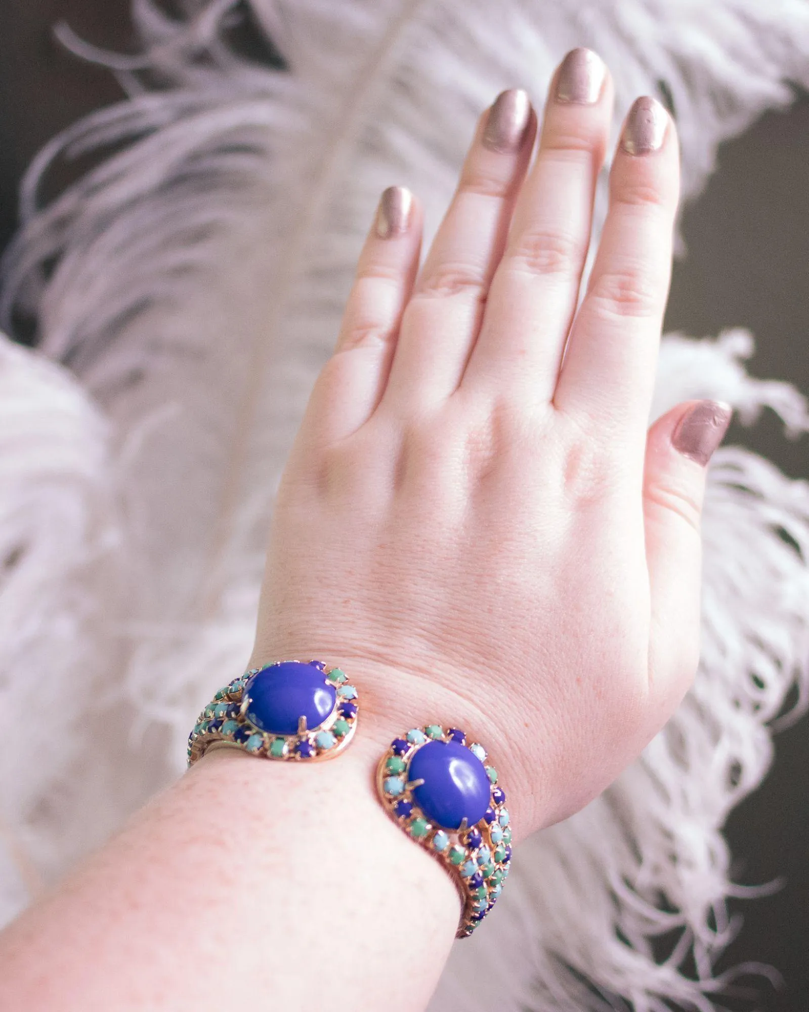 Vintage Blue , Green, Turquoise Rhinestone Clamper Bracelet
