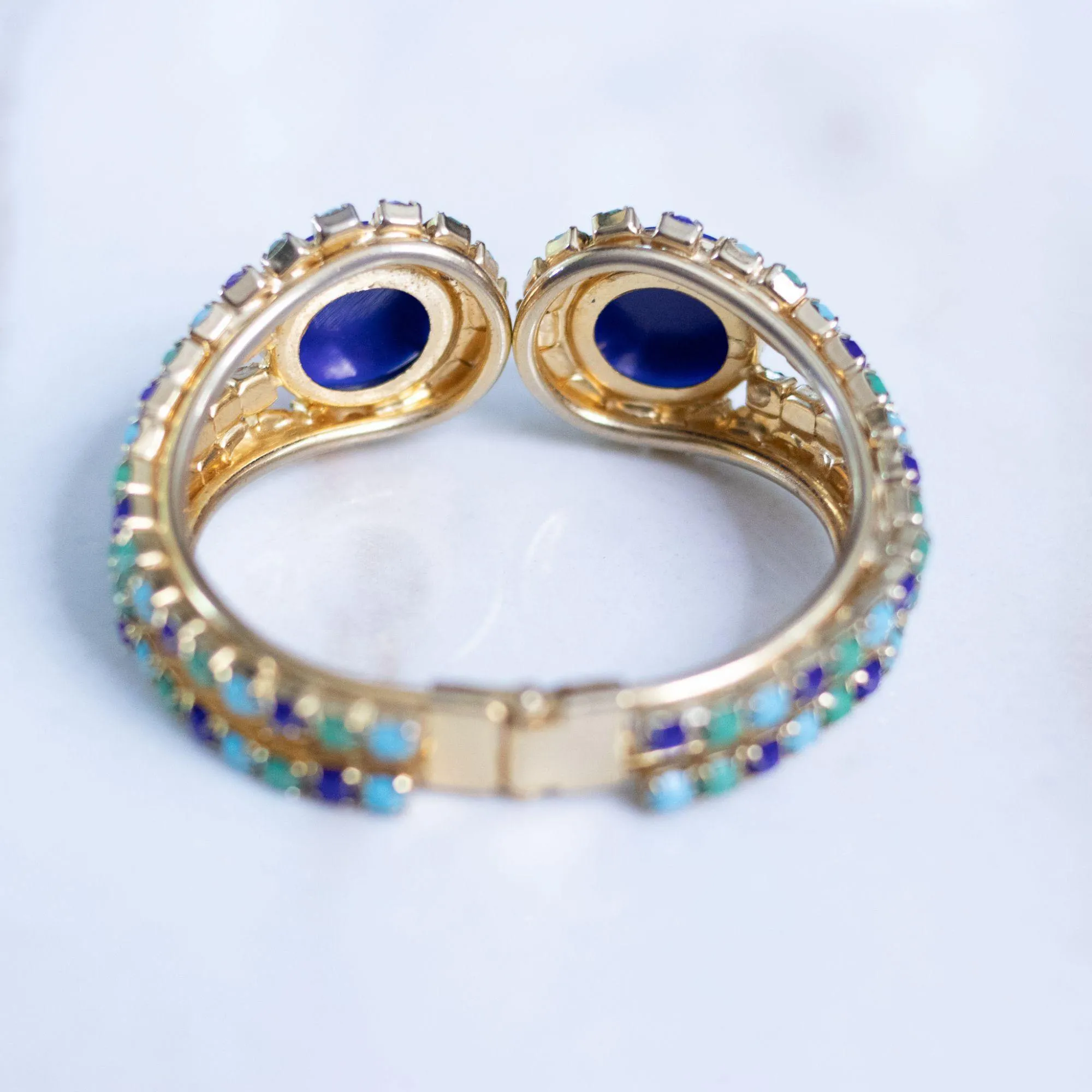 Vintage Blue , Green, Turquoise Rhinestone Clamper Bracelet