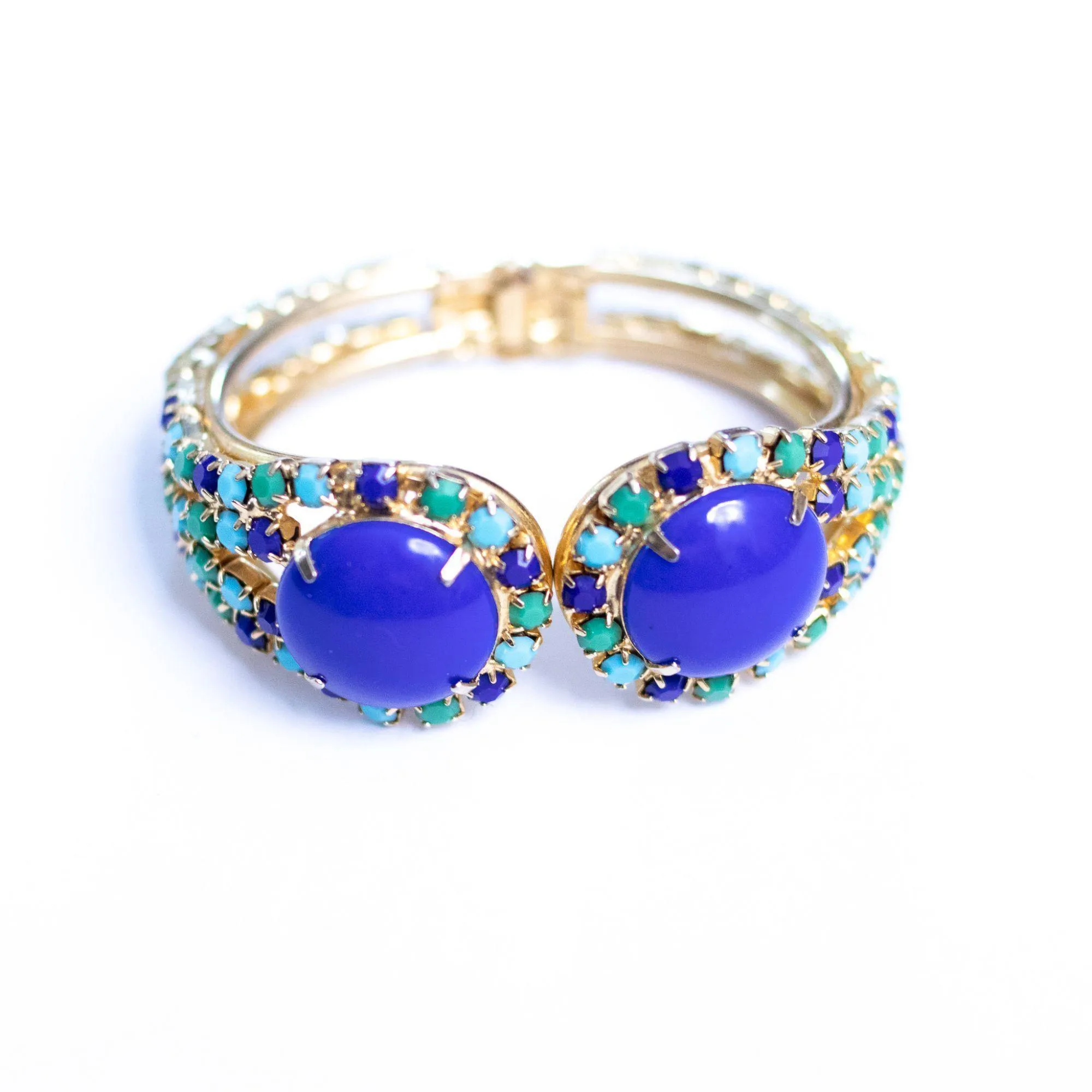 Vintage Blue , Green, Turquoise Rhinestone Clamper Bracelet
