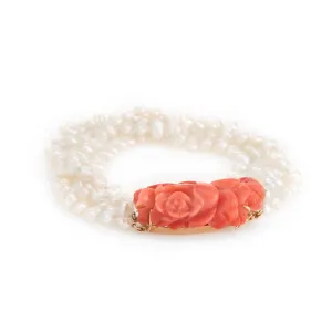 Vintage Carved Coral Bracelet 4 Strand Freshwater Pearls 14k Yellow Gold Estate