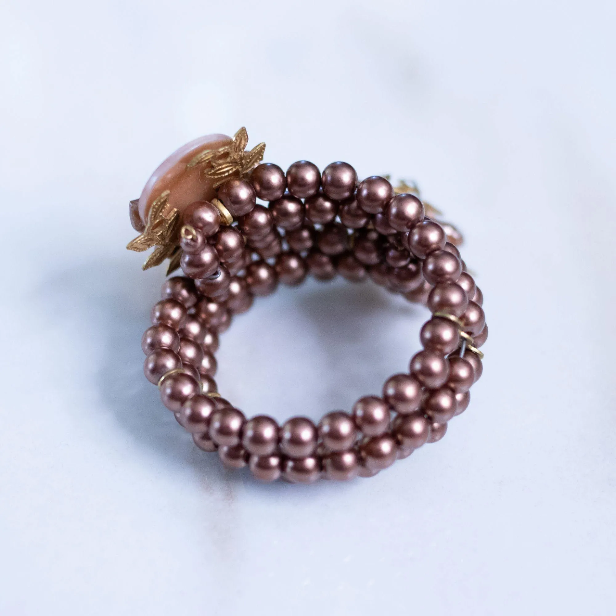 Vintage Champagne Mother of Pearl, Brown Pearl, Rhinestone Memory Wire Bracelet