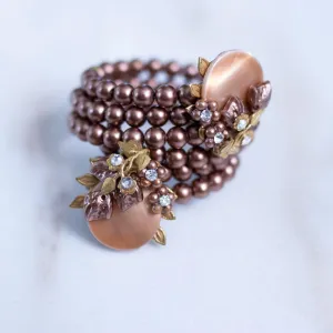 Vintage Champagne Mother of Pearl, Brown Pearl, Rhinestone Memory Wire Bracelet