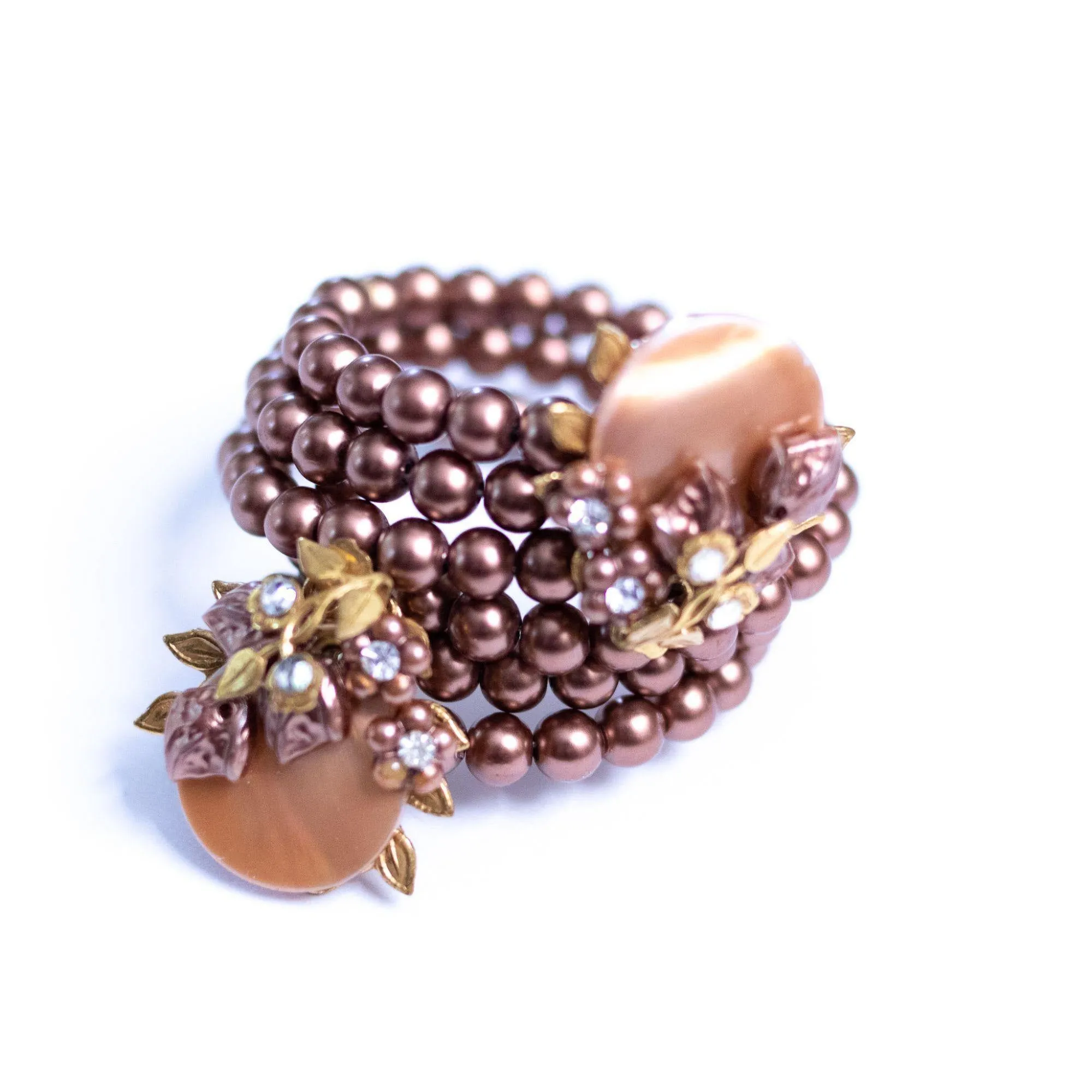 Vintage Champagne Mother of Pearl, Brown Pearl, Rhinestone Memory Wire Bracelet