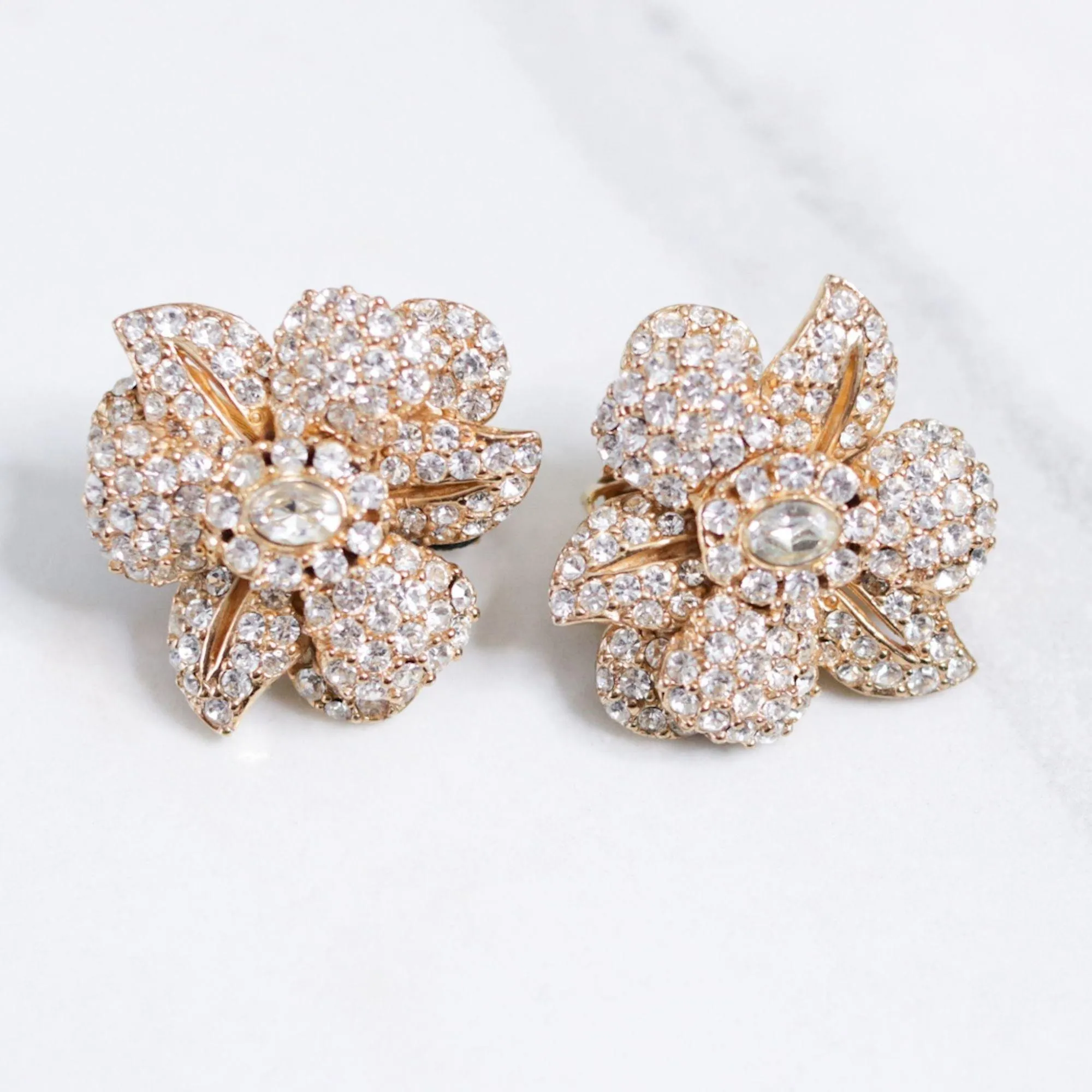 Vintage Ciner Pave Crystal Flower Earrings