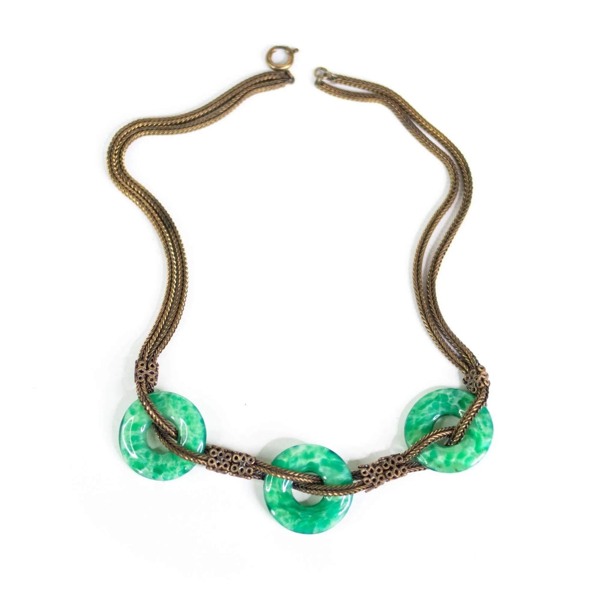 Vintage Czech Peking Glass Jade Green Disc Necklace