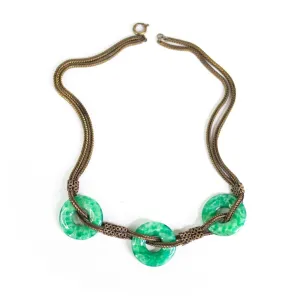 Vintage Czech Peking Glass Jade Green Disc Necklace
