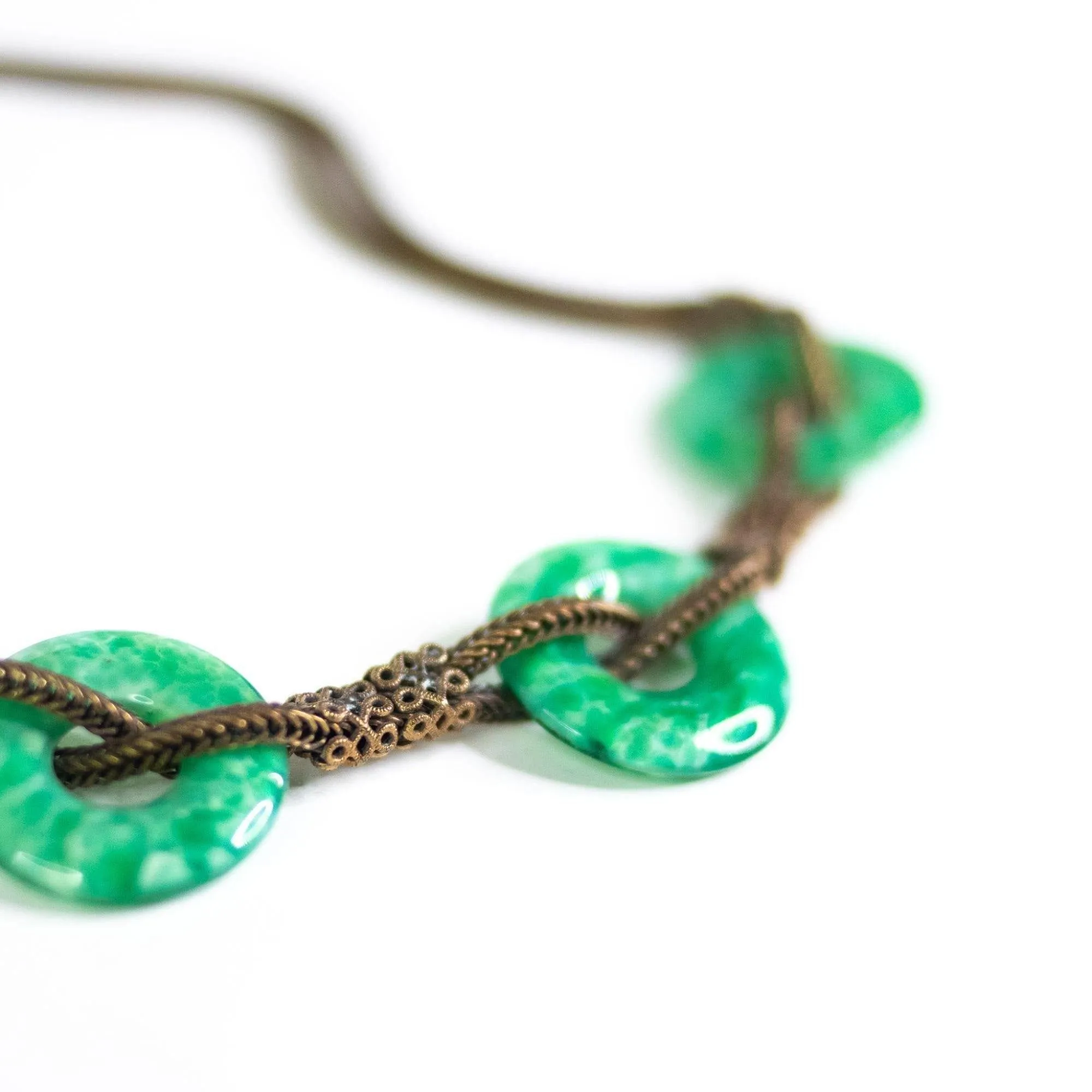 Vintage Czech Peking Glass Jade Green Disc Necklace