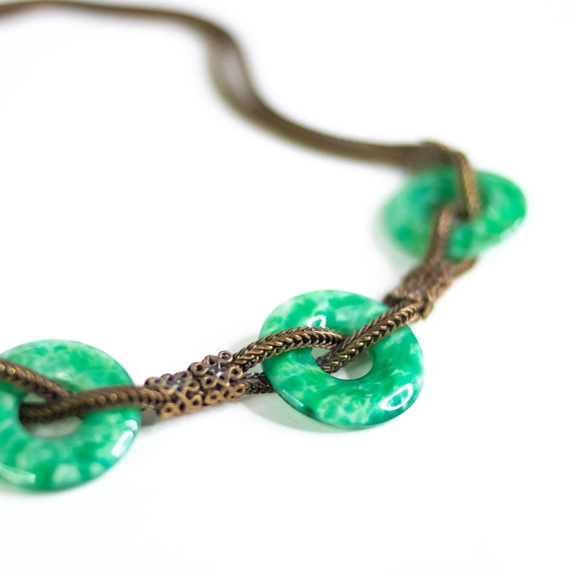 Vintage Czech Peking Glass Jade Green Disc Necklace