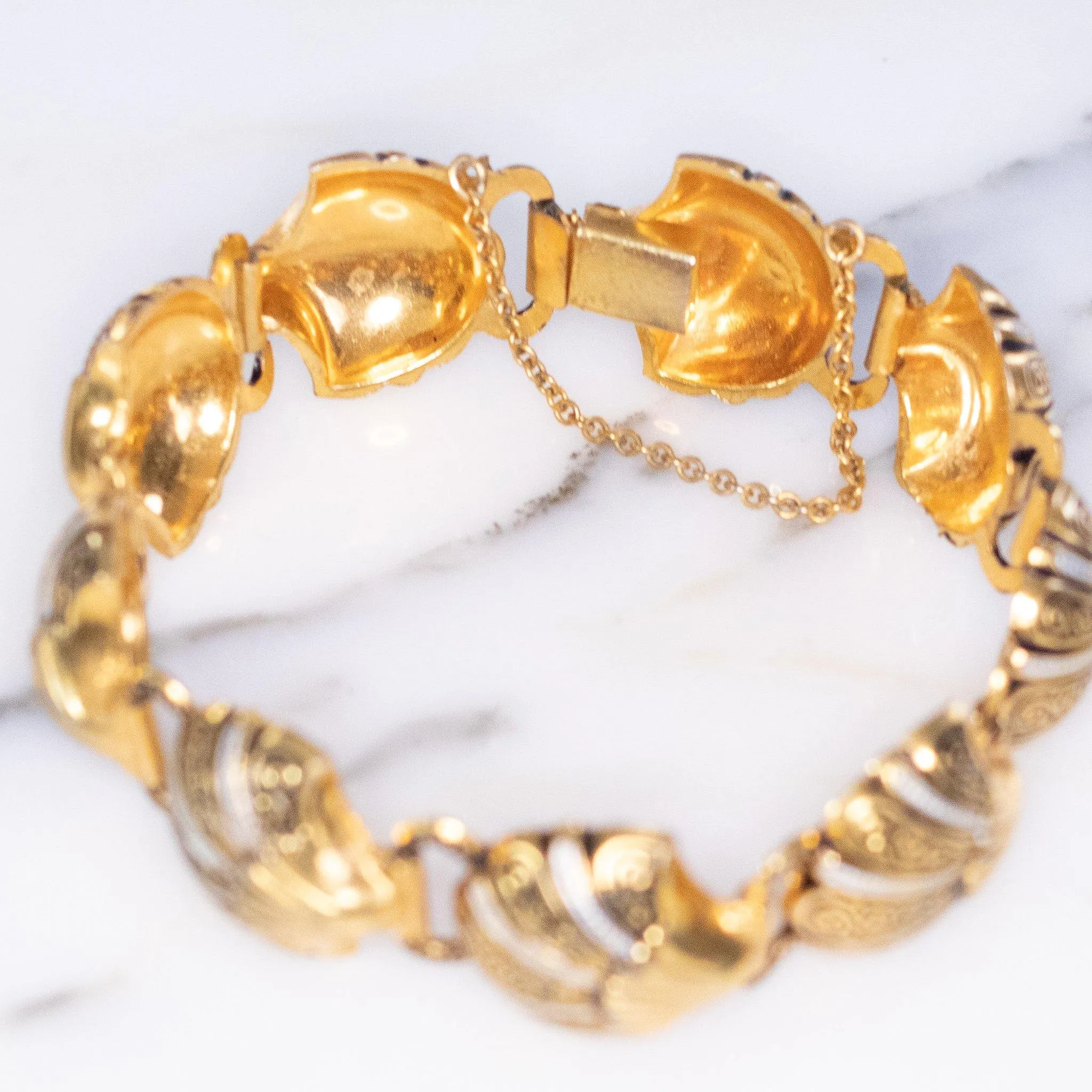 Vintage Damascene Gold, Silver, Black Shell Shape Link Bracelet