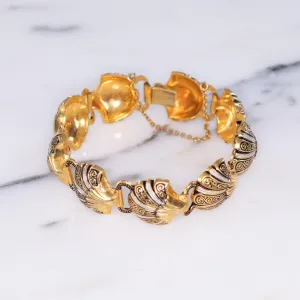 Vintage Damascene Gold, Silver, Black Shell Shape Link Bracelet