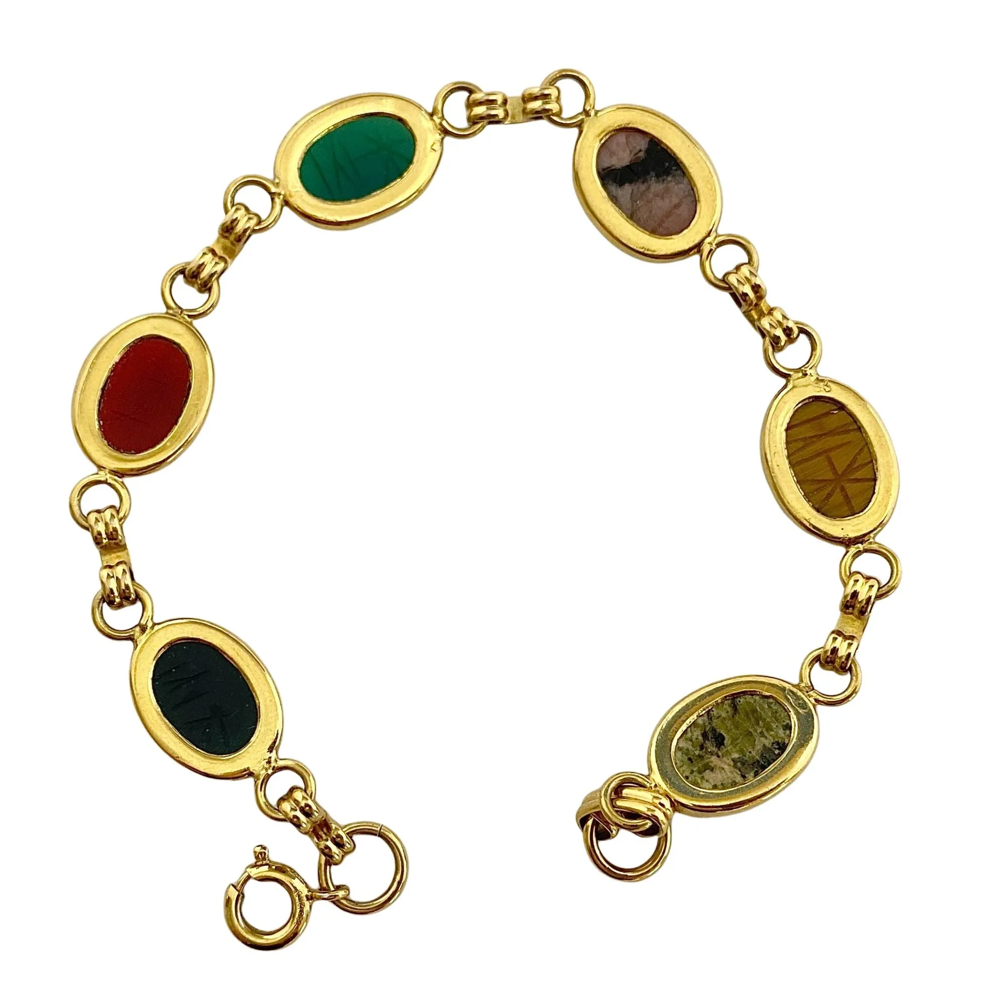Vintage Gemstone Scarab Bracelet with Agate, Rose Quartz, Carnelian, Jade, Tigers Eye