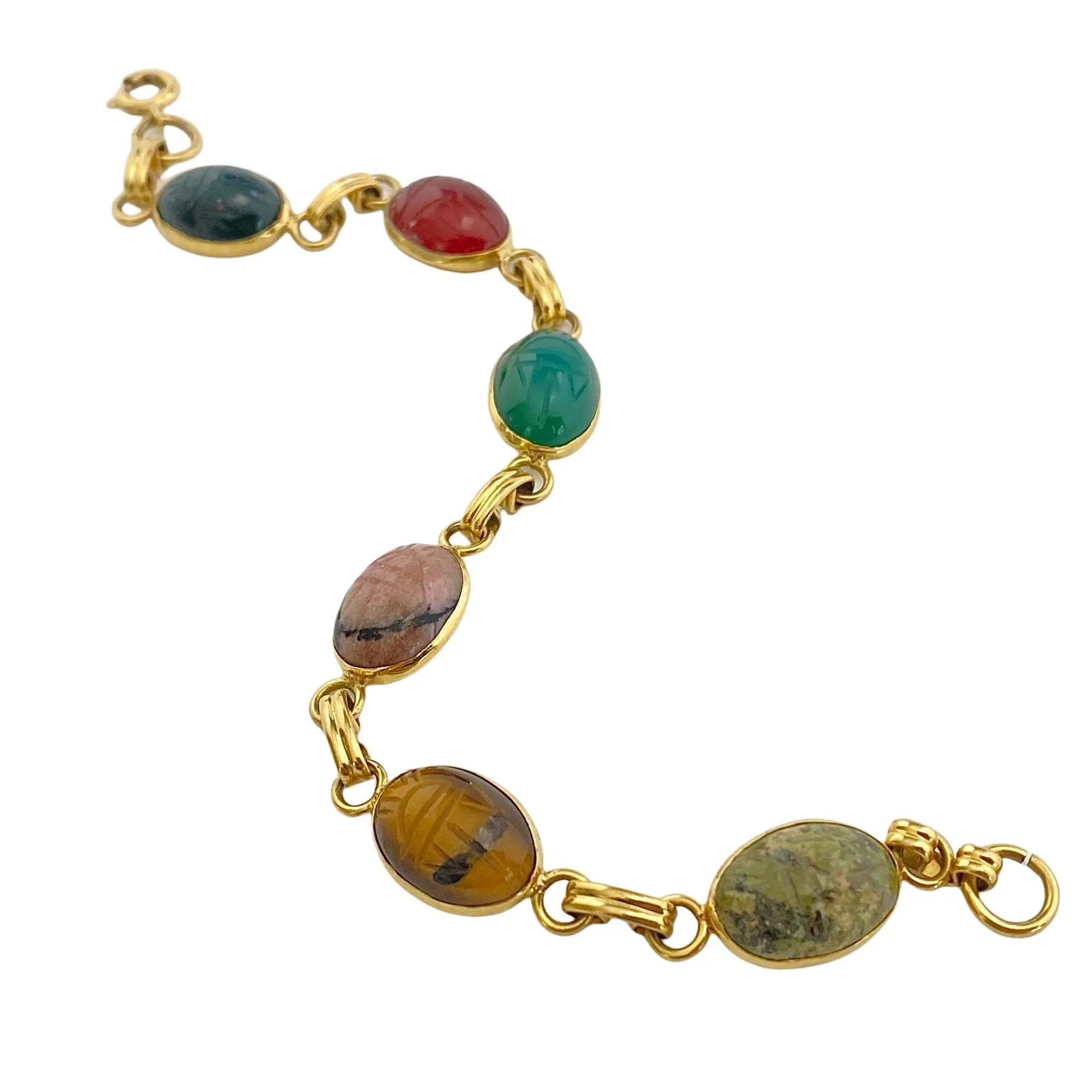 Vintage Gemstone Scarab Bracelet with Agate, Rose Quartz, Carnelian, Jade, Tigers Eye