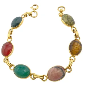 Vintage Gemstone Scarab Bracelet with Agate, Rose Quartz, Carnelian, Jade, Tigers Eye