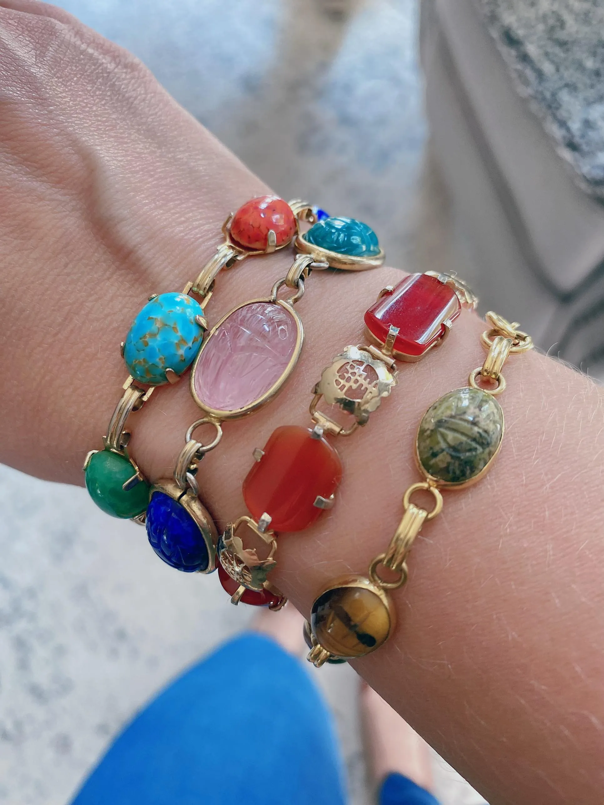 Vintage Gemstone Scarab Bracelet with Agate, Rose Quartz, Carnelian, Jade, Tigers Eye