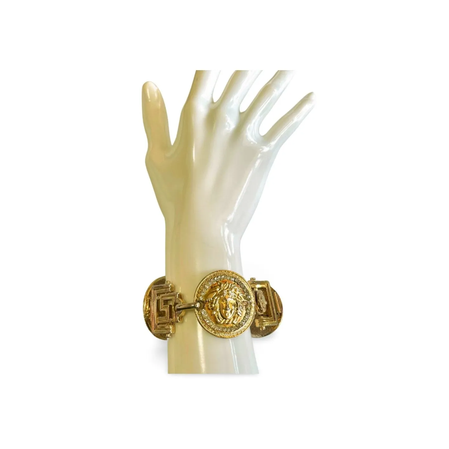 Vintage Gianni Versace gold tone medusa face motif bracelet with crystals. Must have Lady Gaga style jewelry piece. 060308m