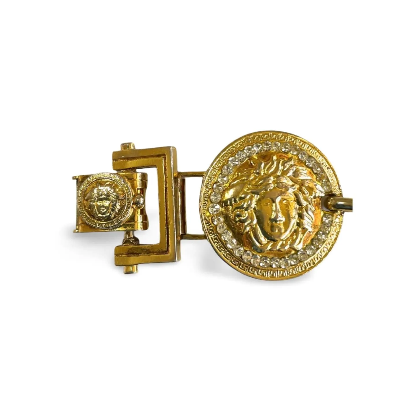 Vintage Gianni Versace gold tone medusa face motif bracelet with crystals. Must have Lady Gaga style jewelry piece. 060308m