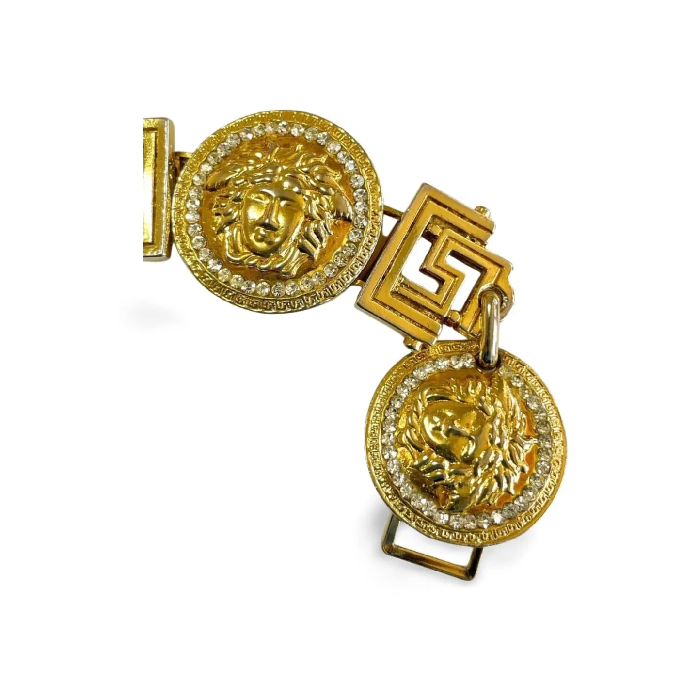 Vintage Gianni Versace gold tone medusa face motif bracelet with crystals. Must have Lady Gaga style jewelry piece. 060308m