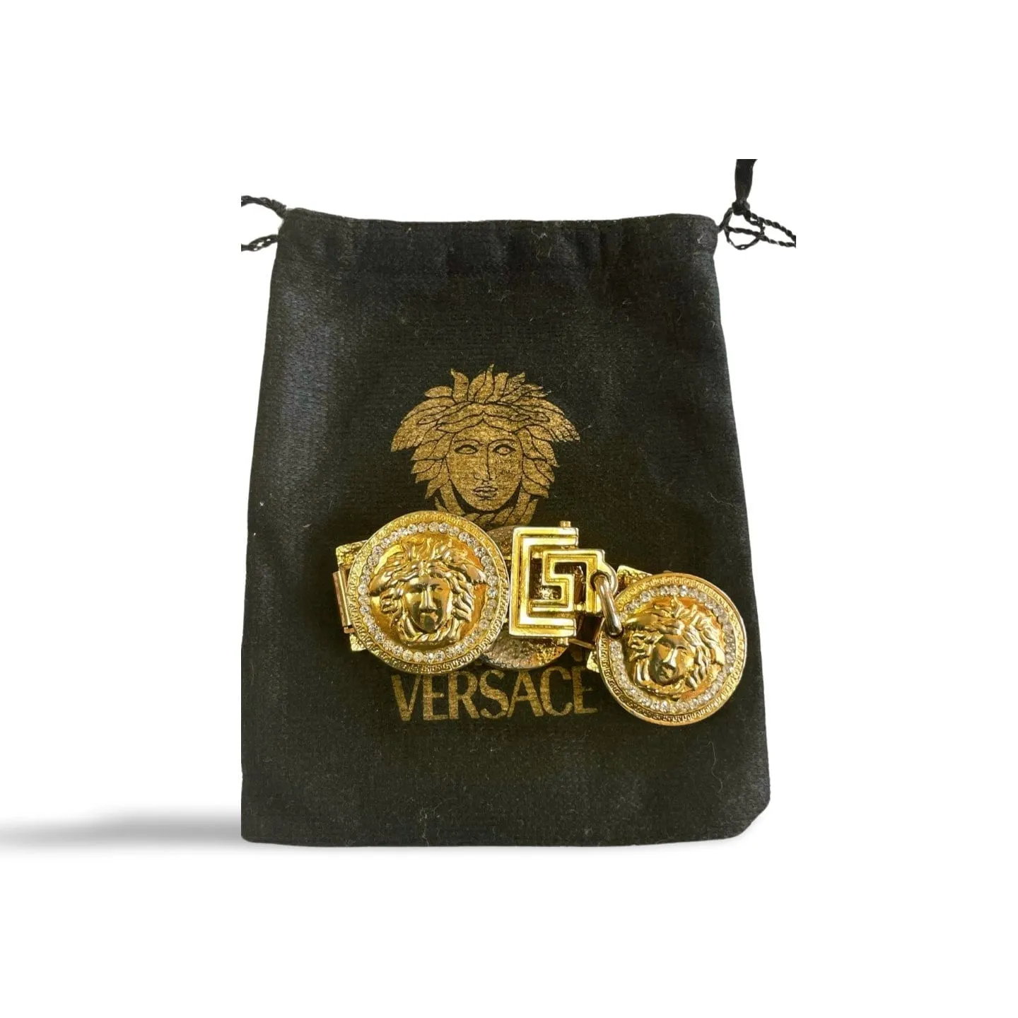 Vintage Gianni Versace gold tone medusa face motif bracelet with crystals. Must have Lady Gaga style jewelry piece. 060308m