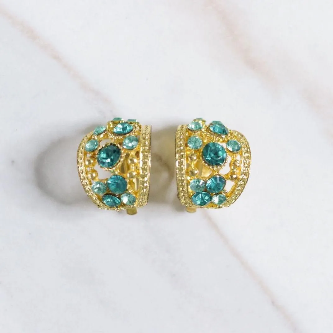 Vintage Gold and Green Rhinestone Huggie Style Statement Earrings