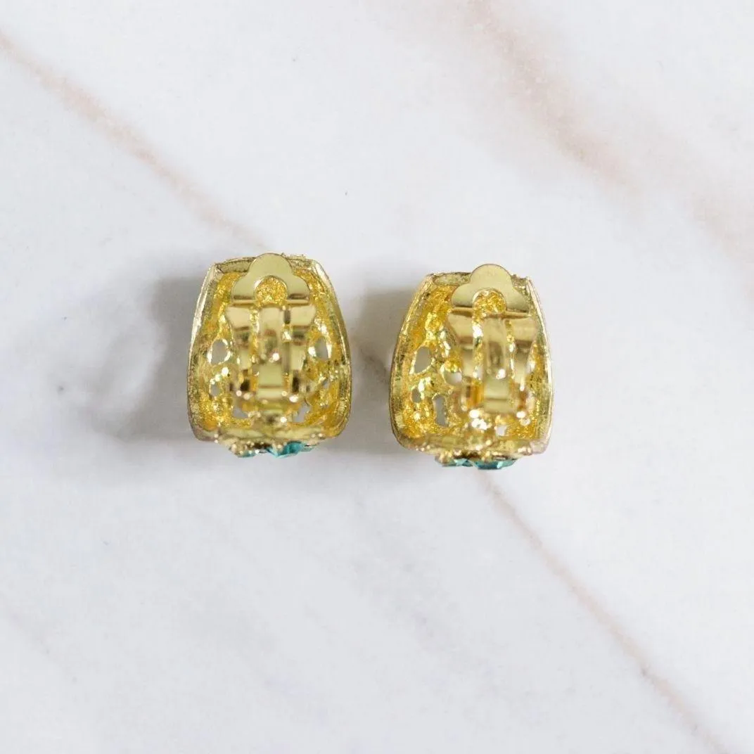 Vintage Gold and Green Rhinestone Huggie Style Statement Earrings