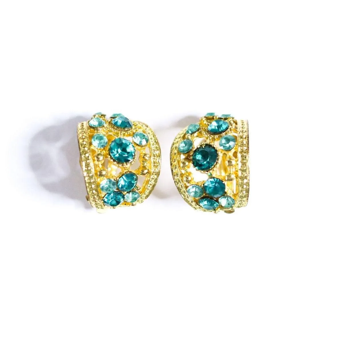 Vintage Gold and Green Rhinestone Huggie Style Statement Earrings