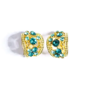 Vintage Gold and Green Rhinestone Huggie Style Statement Earrings