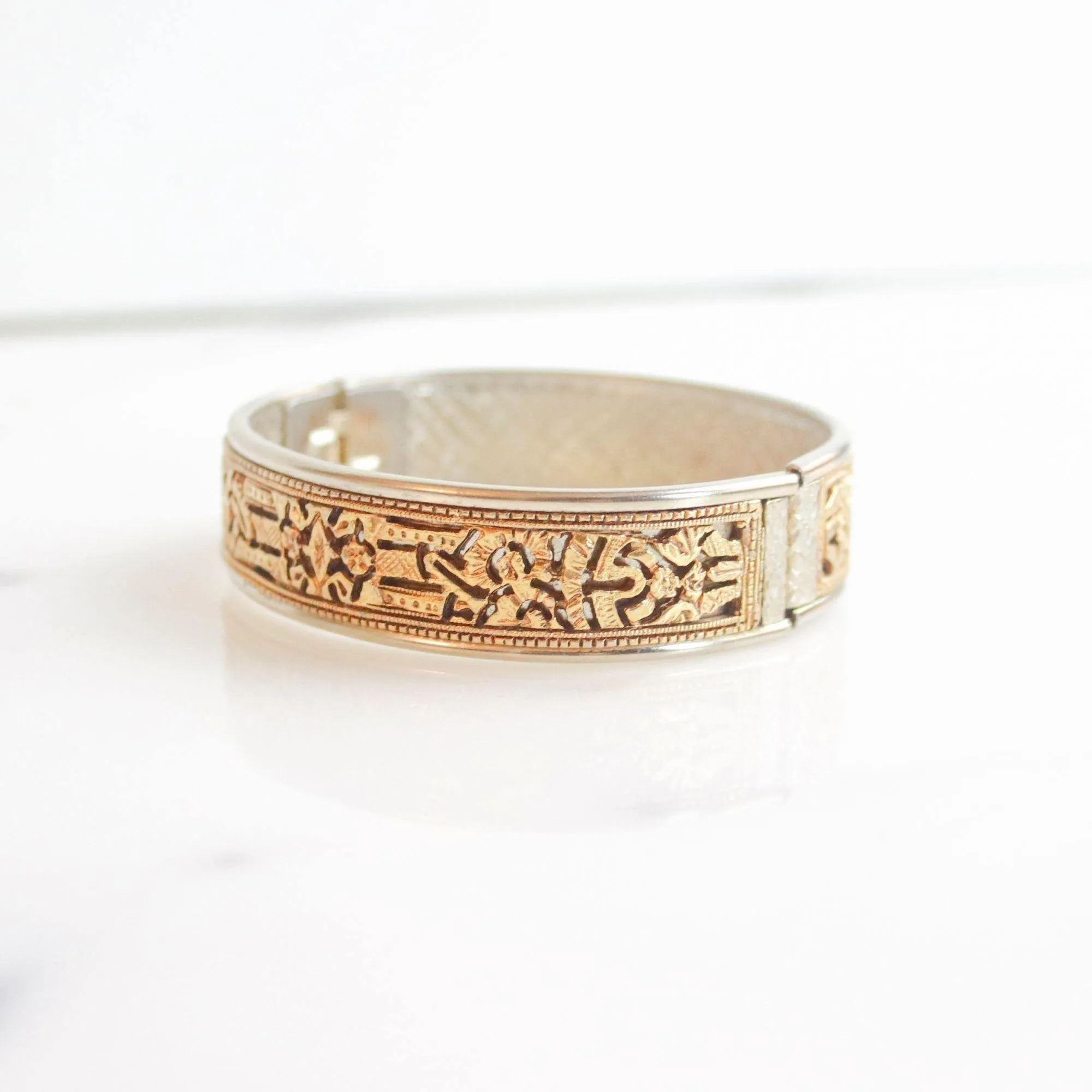 Vintage Gold Cutwork and Silver Hinged Bangle Bracelet