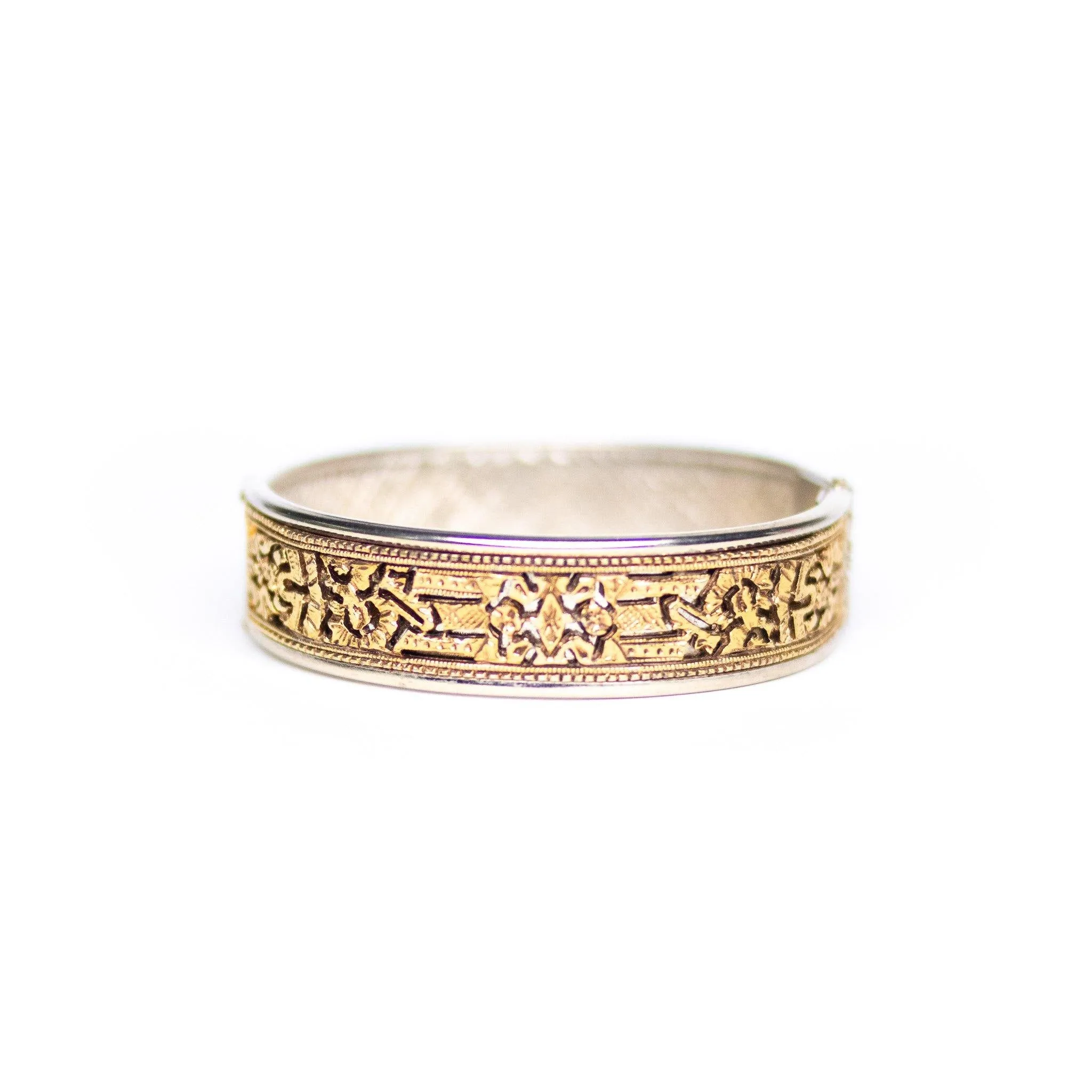 Vintage Gold Cutwork and Silver Hinged Bangle Bracelet