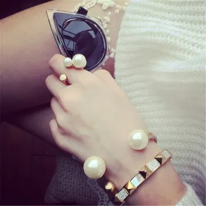 Vintage Gold Plated Pearl Bangle Bracelet Ring Set