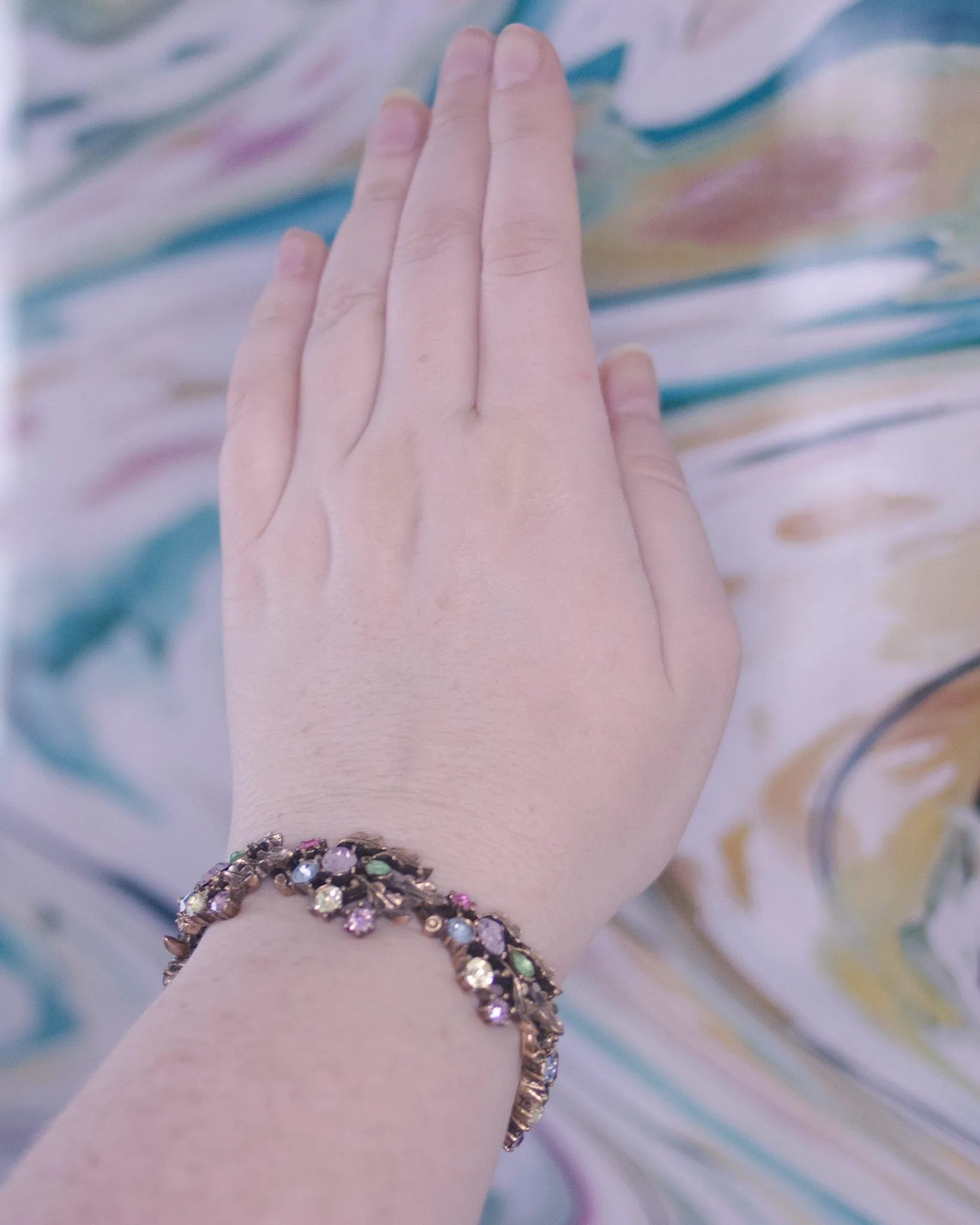 Vintage Lisner Gold Leaf Bracelet with Pink, Purple, Green, and Blue Rhinestones