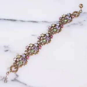 Vintage Lisner Gold Leaf Bracelet with Pink, Purple, Green, and Blue Rhinestones
