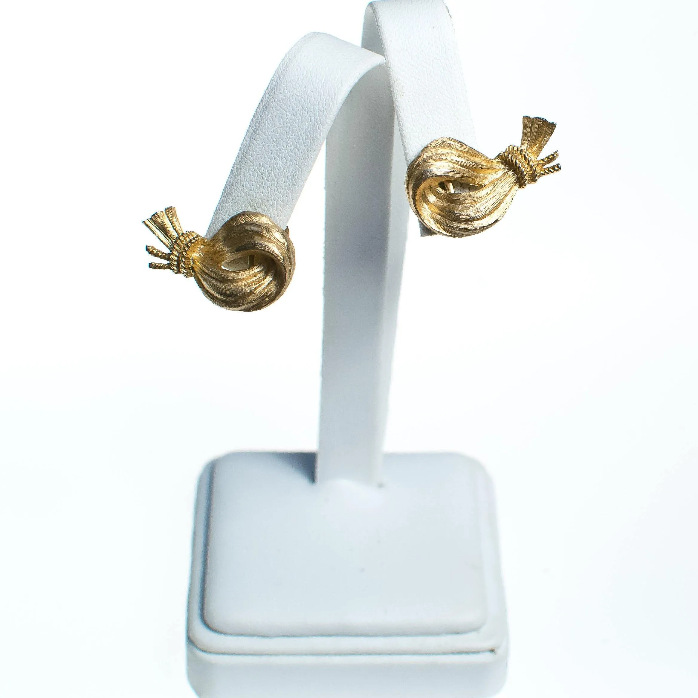 Vintage Mid Century Modern Crown Trifari Gold Loop & Knot Earrings
