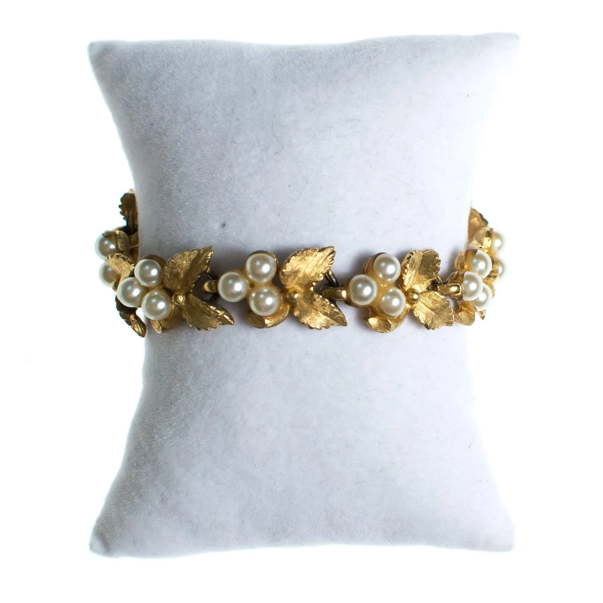 Vintage Mid Century Modern Gold Flower Bracelet with Faux Pearls