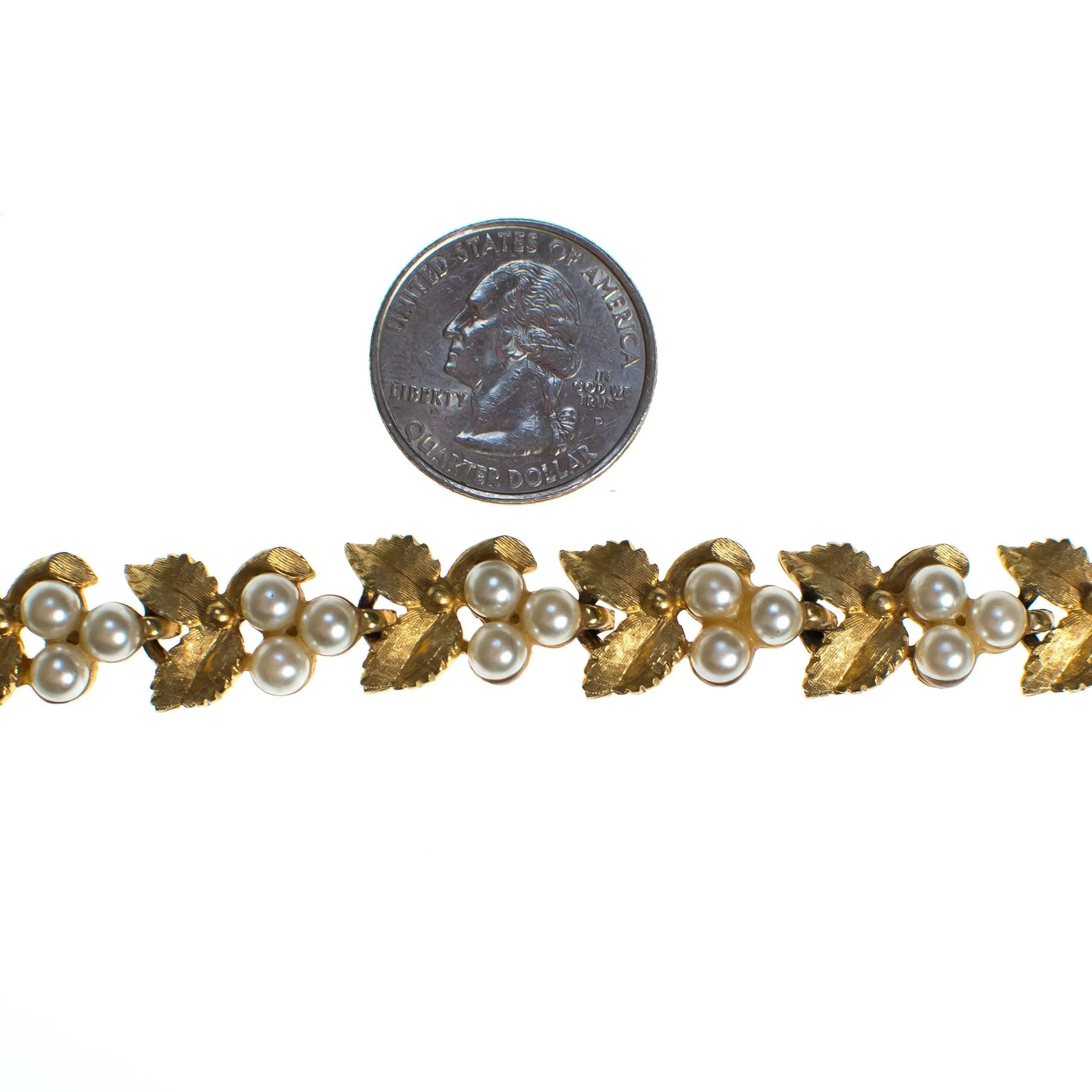 Vintage Mid Century Modern Gold Flower Bracelet with Faux Pearls