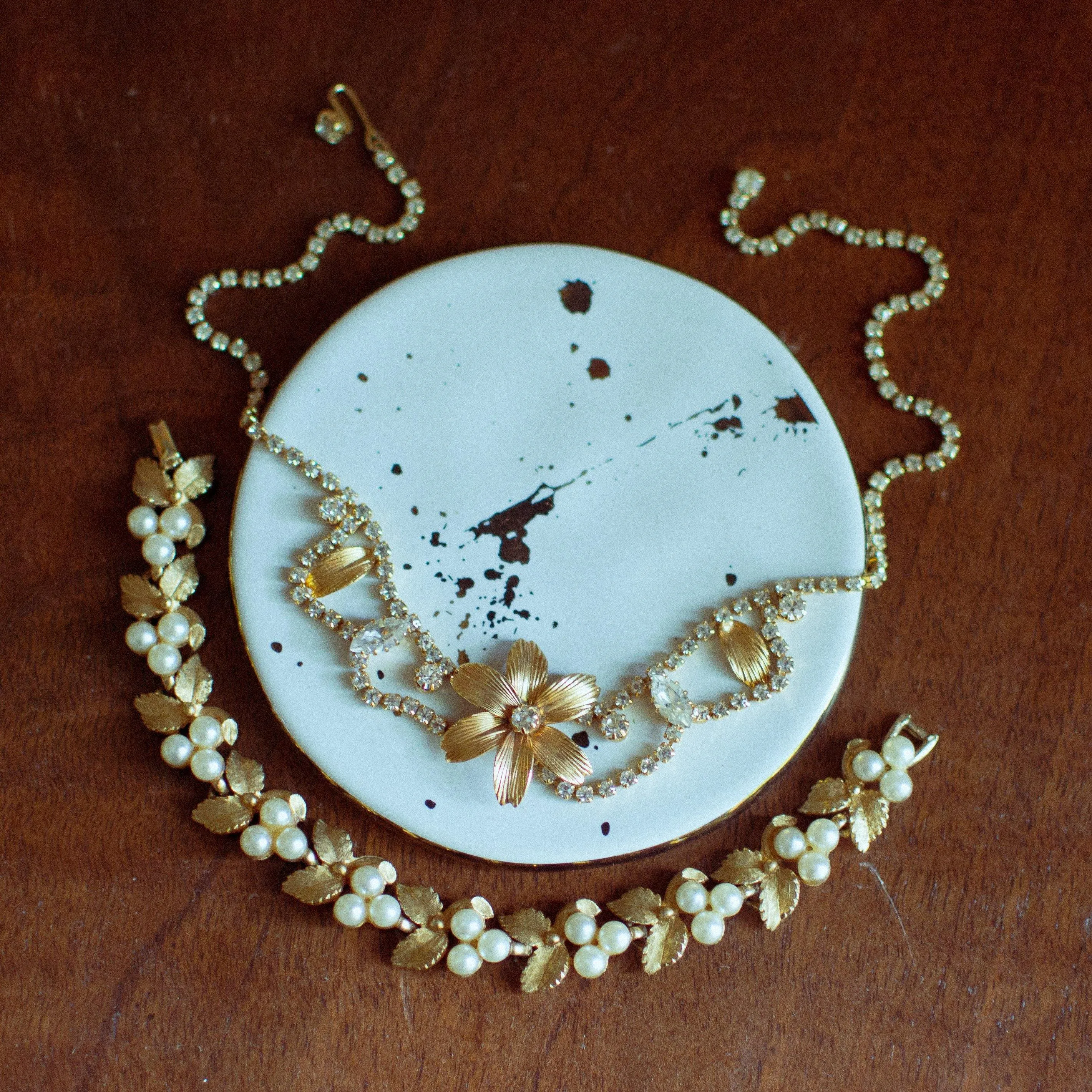 Vintage Mid Century Modern Gold Flower Bracelet with Faux Pearls