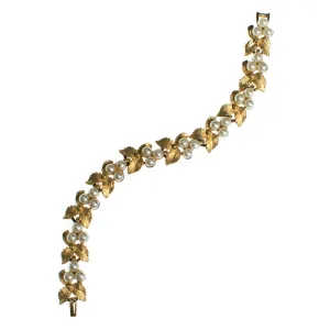 Vintage Mid Century Modern Gold Flower Bracelet with Faux Pearls
