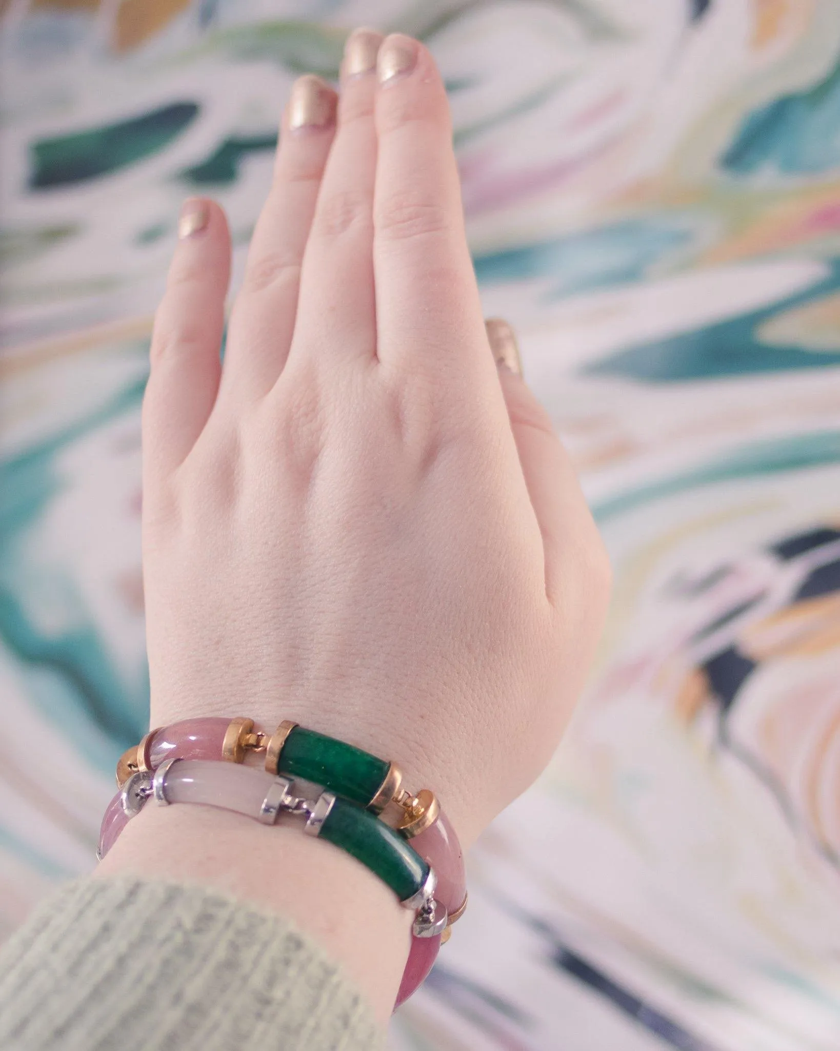 Vintage Pink and Green Jade Bracelet with Silver Tone Accents