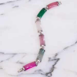 Vintage Pink and Green Jade Bracelet with Silver Tone Accents