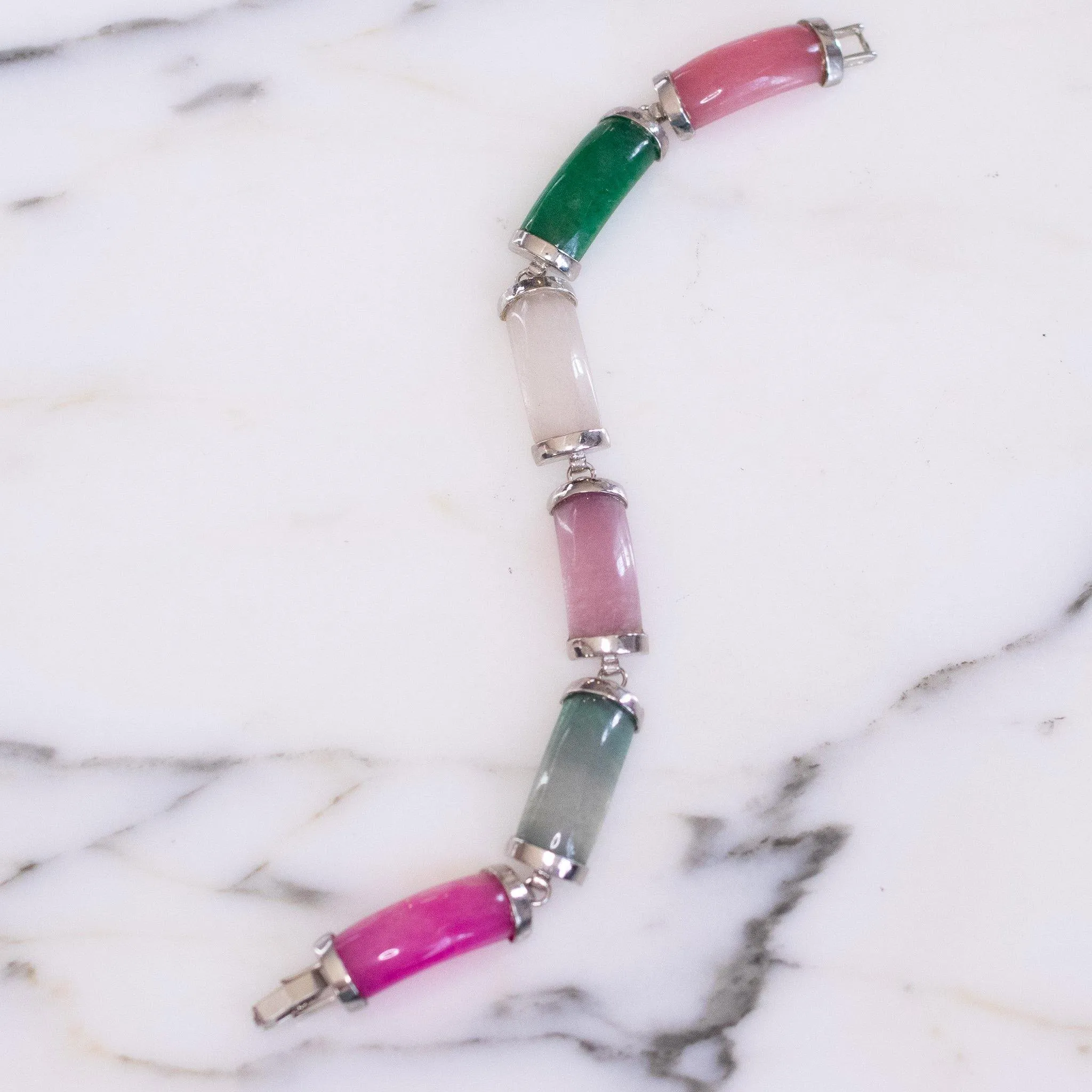 Vintage Pink and Green Jade Bracelet with Silver Tone Accents