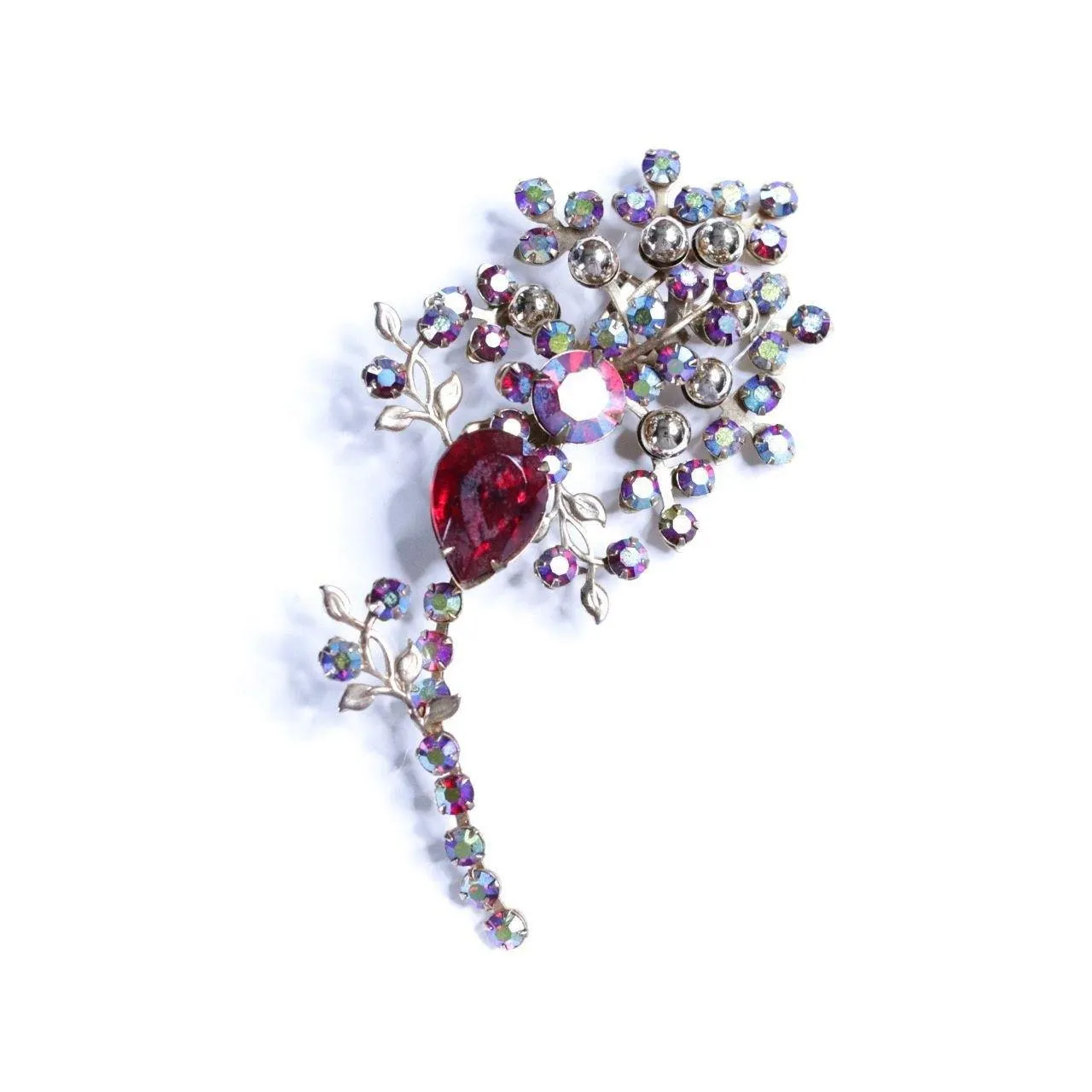 Vintage Red Aurora Borealis Rhinestone and Red Crystal Spray Brooch