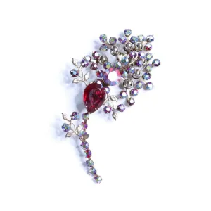 Vintage Red Aurora Borealis Rhinestone and Red Crystal Spray Brooch