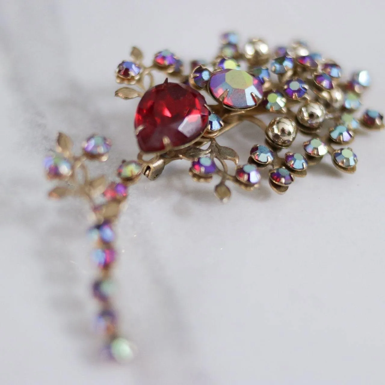 Vintage Red Aurora Borealis Rhinestone and Red Crystal Spray Brooch