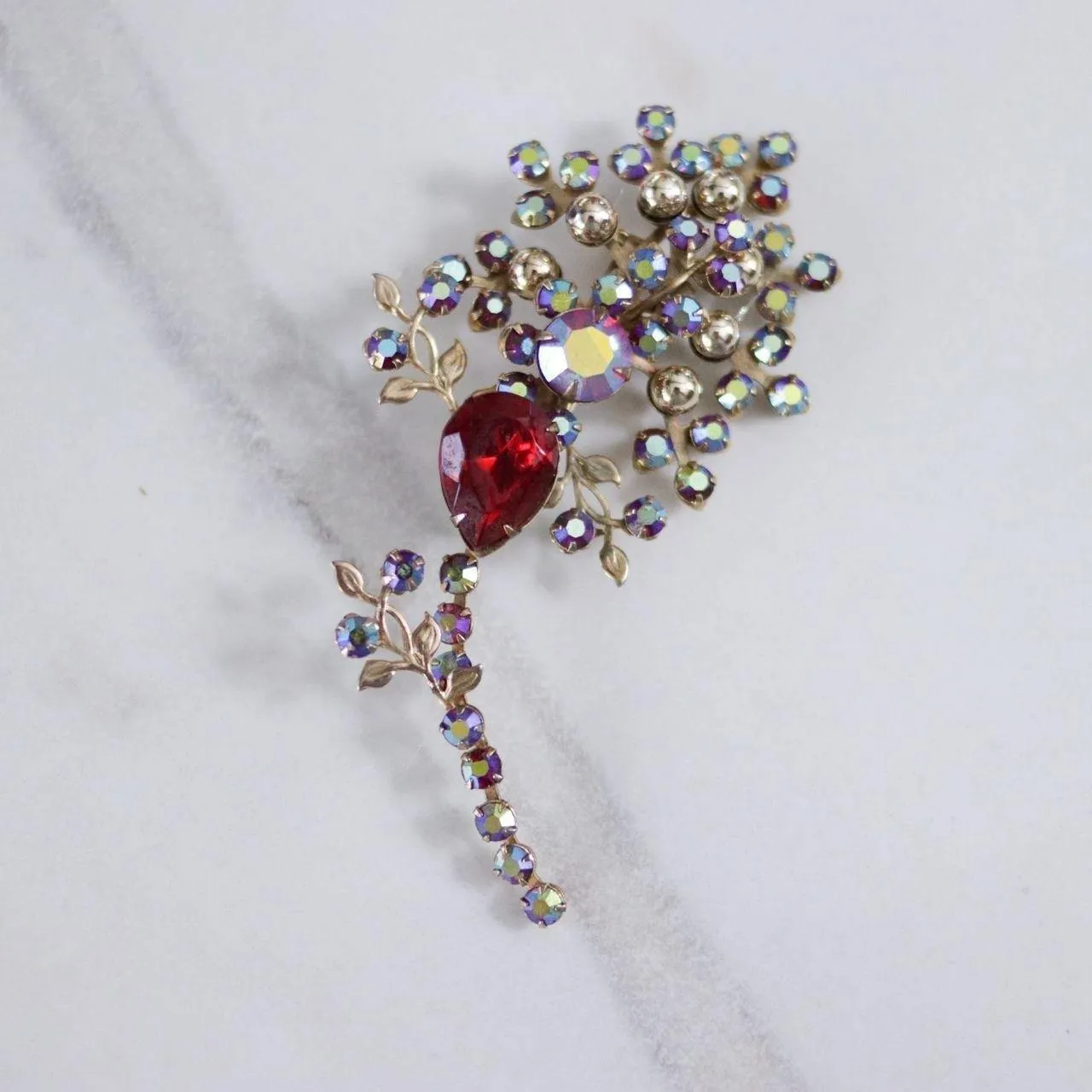 Vintage Red Aurora Borealis Rhinestone and Red Crystal Spray Brooch
