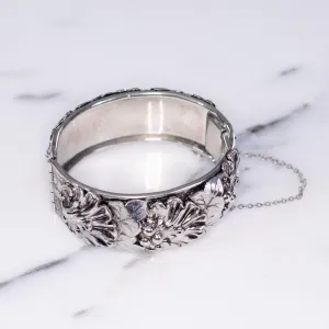 Vintage Silver Repousse Style Acanthus Leaf Hinged Bangle Bracelet