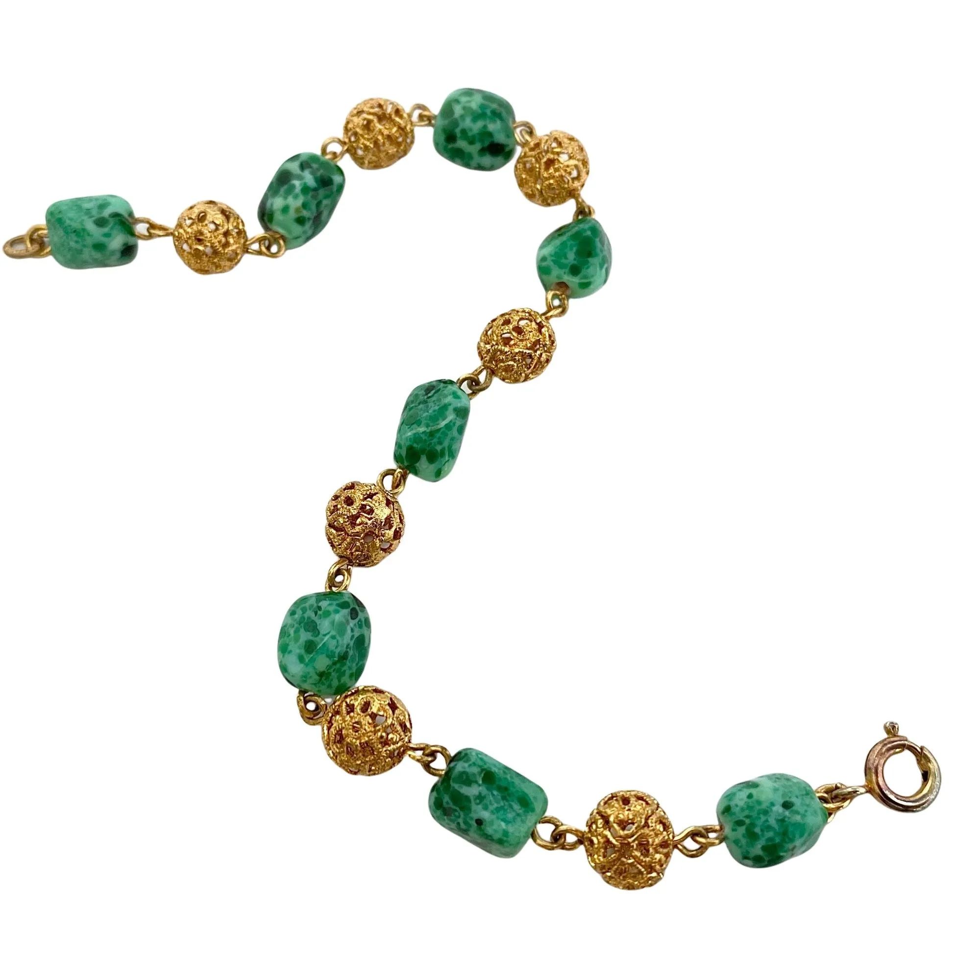 Vintage Speckled Jade and Filigree Bead Bracelet